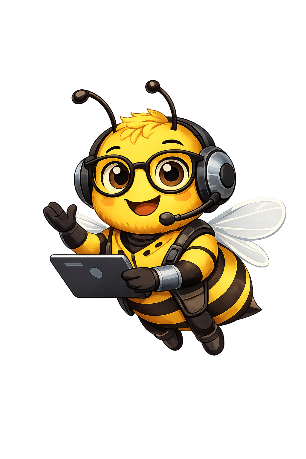 MockBee mascot – a friendly bee with headphones and a laptop